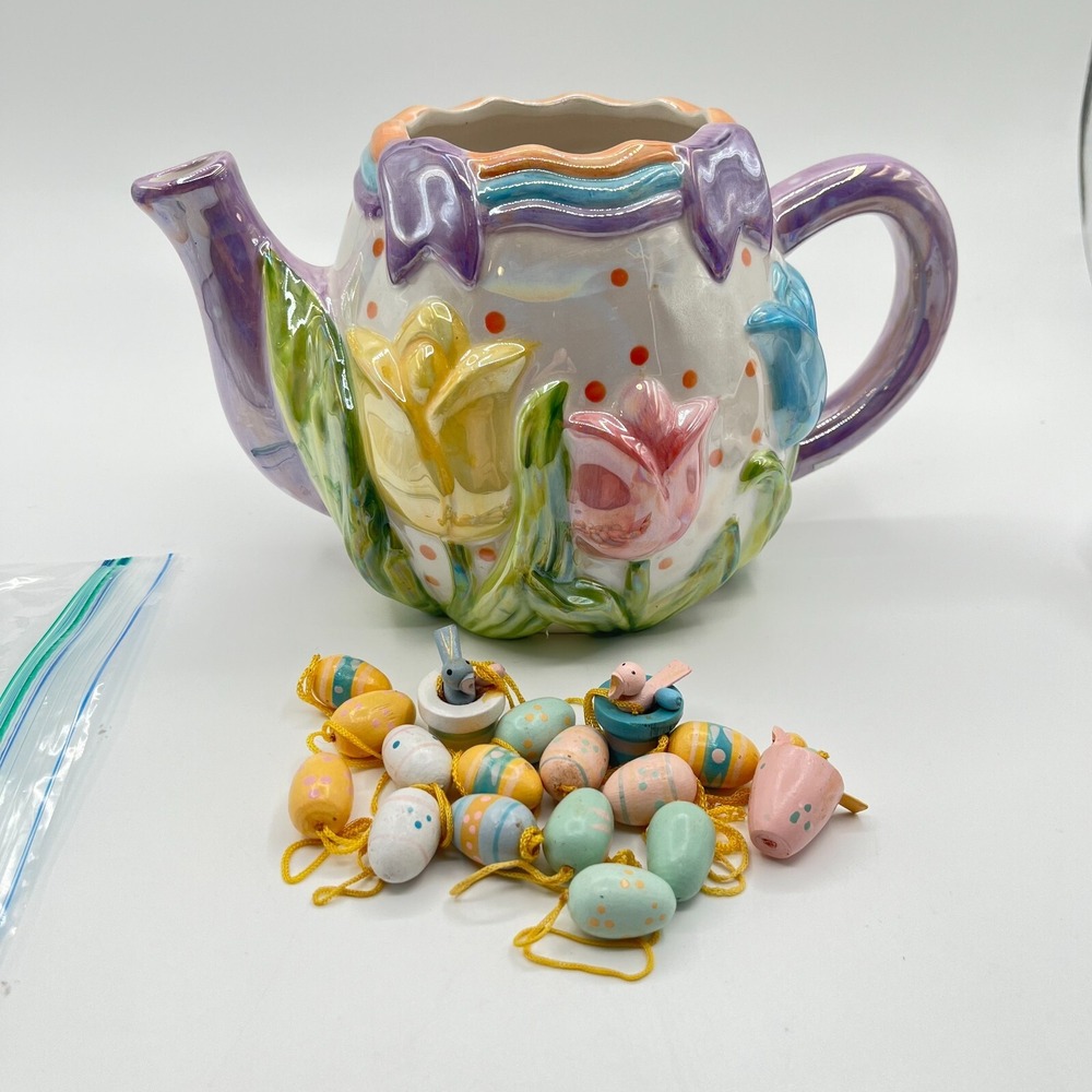 Baum Bros Style-Eyes Vintage Easter Ceramic Teapot with ornaments 40oz